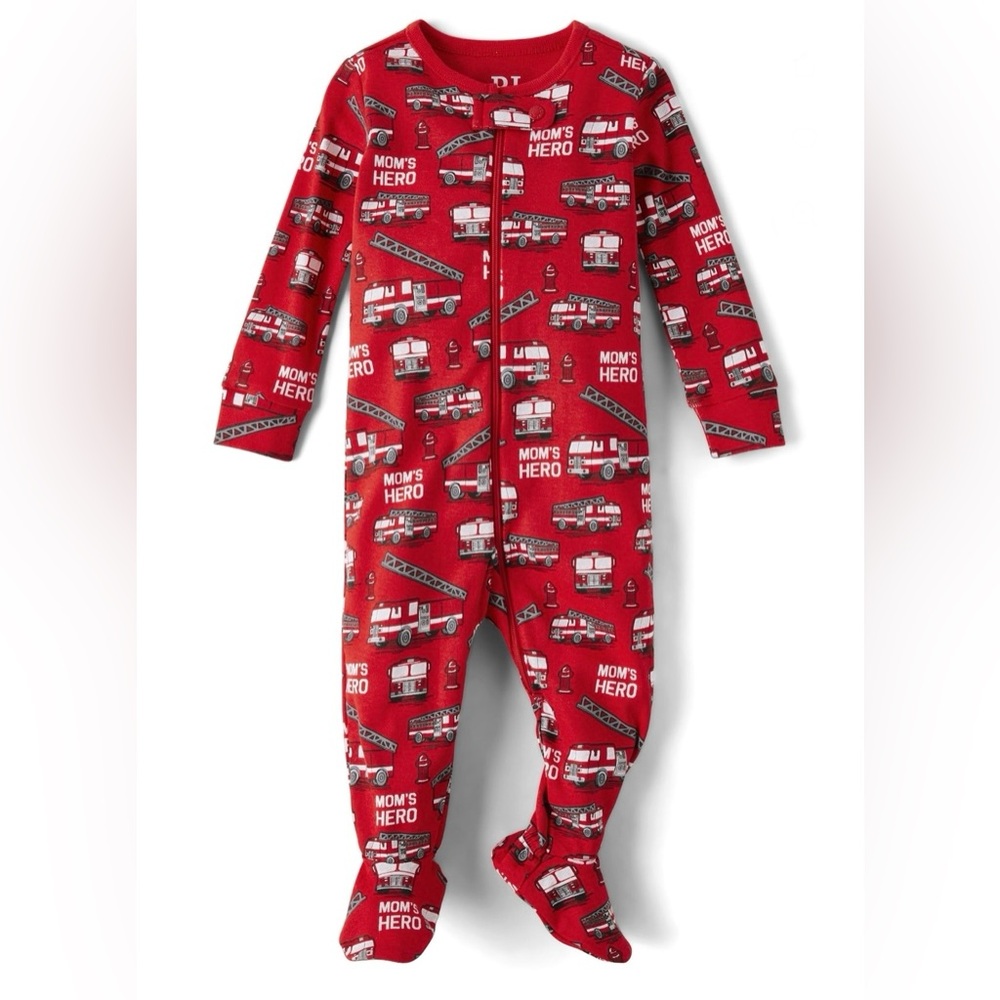 P Place Fire Truck Print Kids Footie Pajamas